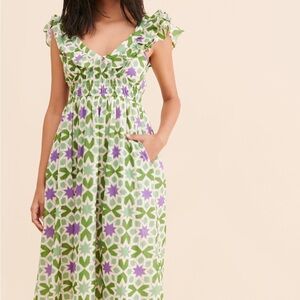 Banajanan Cotton Green & Purple Printed Ruffle-Sleeve Dress ($385)